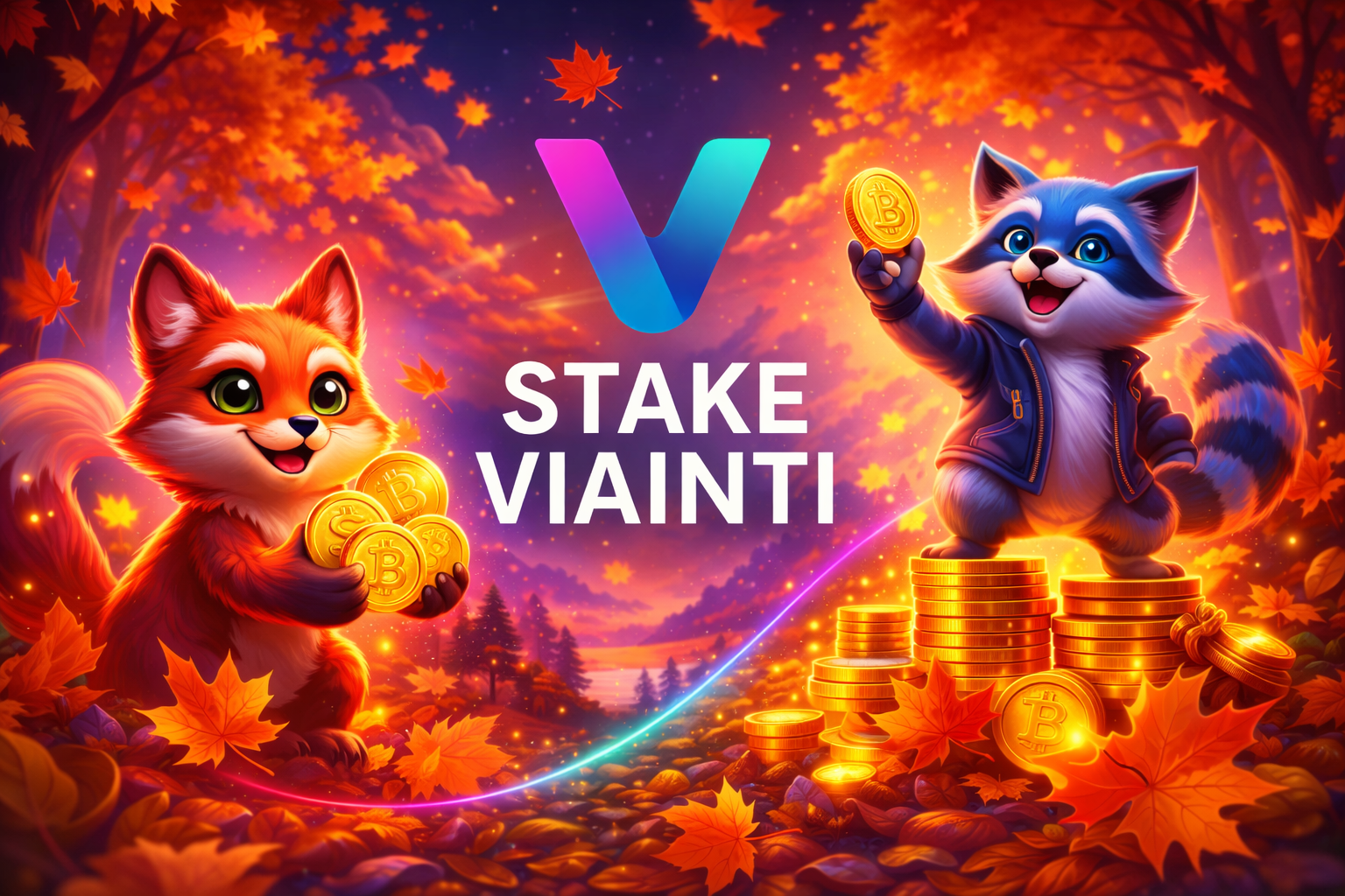 StakeViainti Launch - Cute fox and raccoon characters with crypto coins